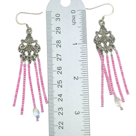 Vintage 1960s Pink Chandelier Earrings Artisan Crafted With Szezh Glass Beading - Picture 7 of 8